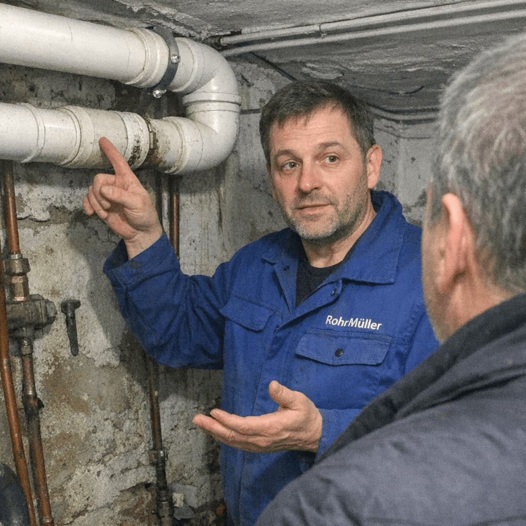 Fachmann erläutert einem Kunden im Flur den Verlauf der Rohre, während er auf relevante Messwerte zeigt