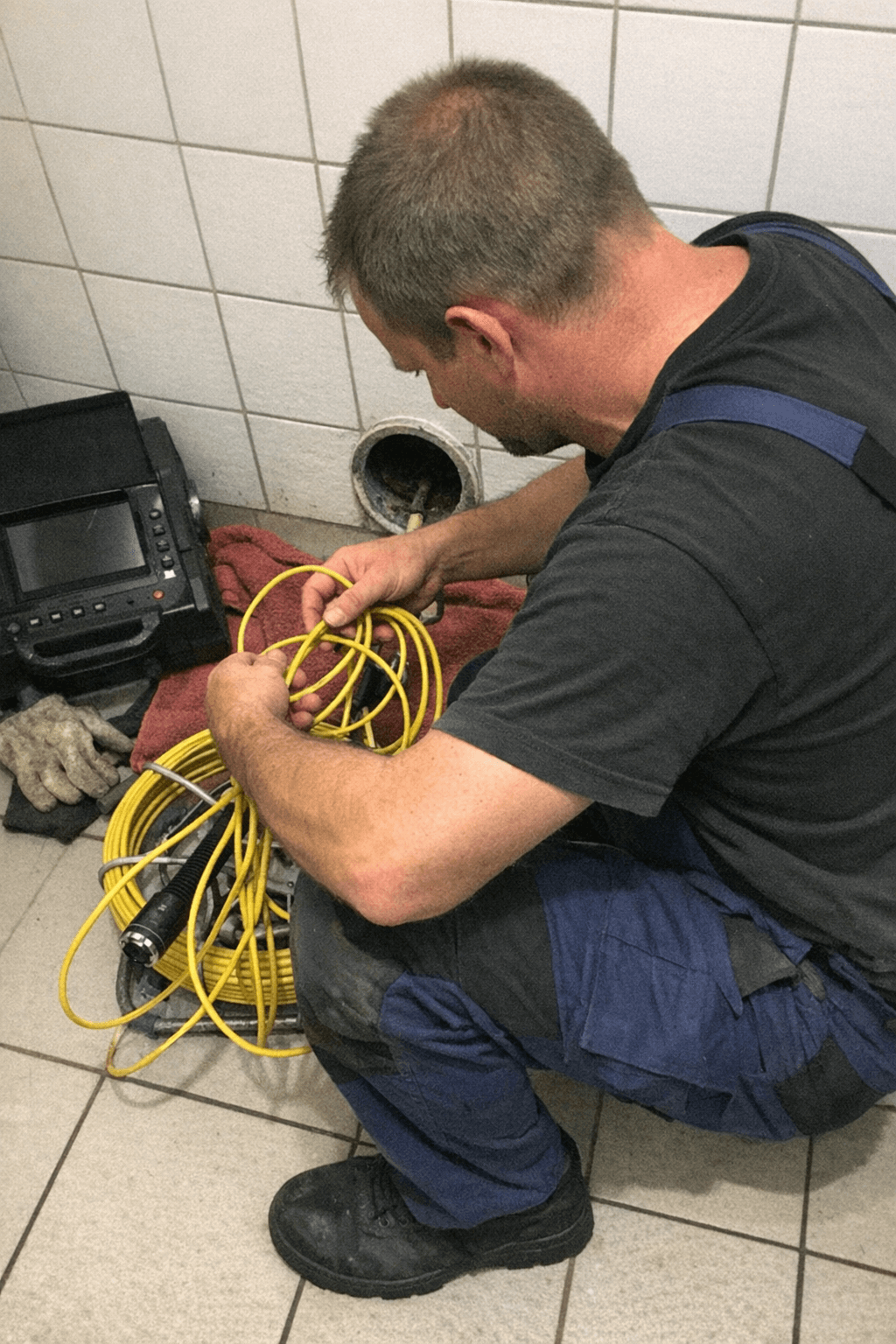 Techniker bereitet die Rohrkamera mit Kabeltrommel neben einem Revisionsschacht vor