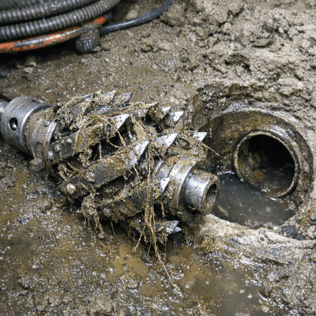 Werkzeugset mit Schneidaufsatz und Spirale liegt auf einer Schutzunterlage, ein Revisionsschacht ist geöffnet im Hintergrund