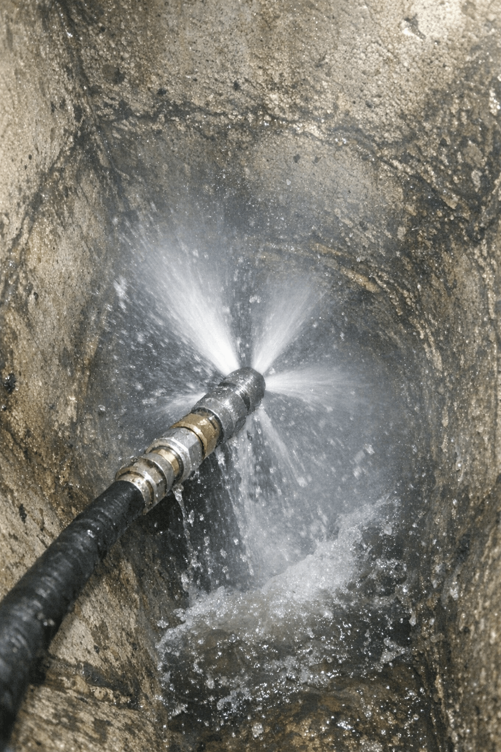 Hochdruckschlauch wird von einem Techniker in einem Kellerflur zu einem Revisionspunkt geführt