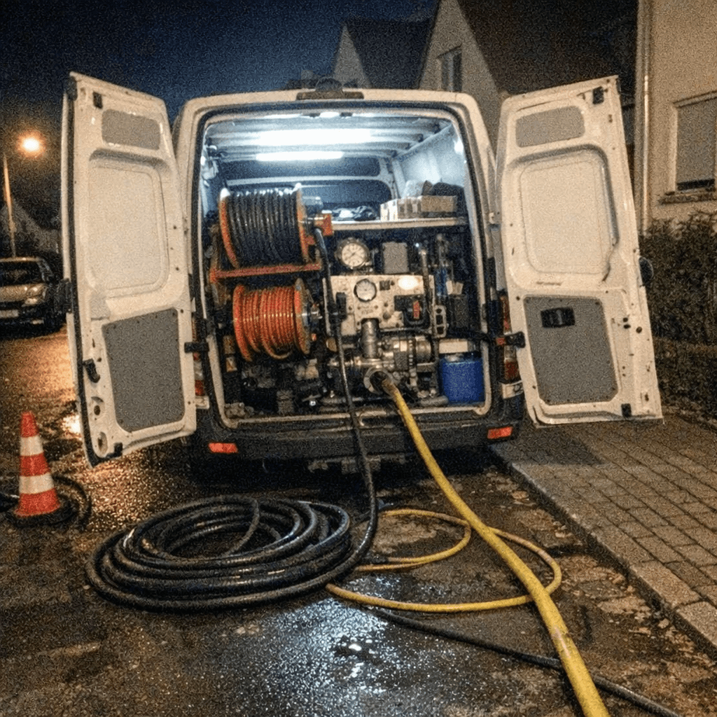 Techniker entnimmt eine Spirale aus dem Servicefahrzeug, begleitet von Abdeckplanen und Werkzeugkoffer vor einer Wohnanlage