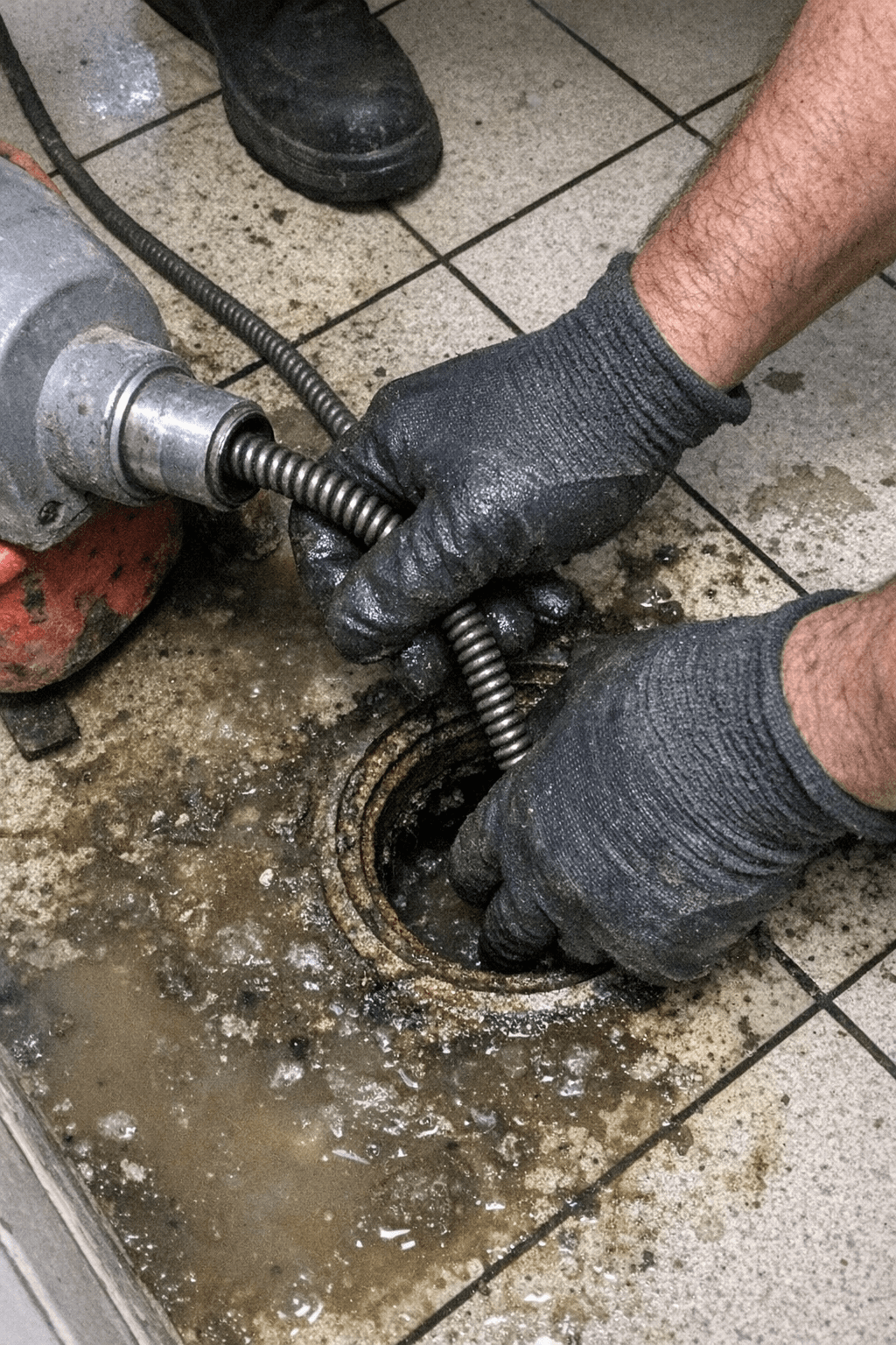 Techniker setzt eine rotierende Spirale in eine Revisionsöffnung ein, die Umgebung ist mit Schutzfolie abgedeckt