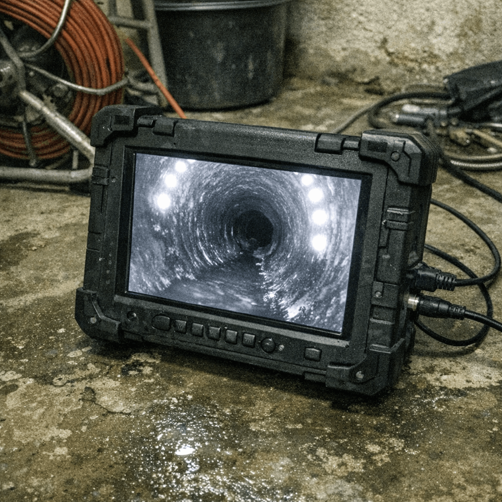 Bildschirm mit Live-Übertragung aus einer Rohrkamera; Techniker markiert die Lokalisation auf dem Zählerband